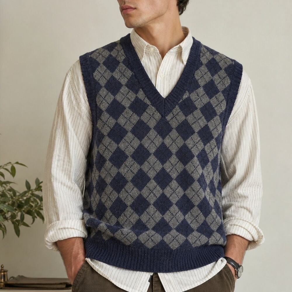 Vintage 70s Webmore Denmark Argyle Sweater Vest Navy Gray Preppy Golfcore OS